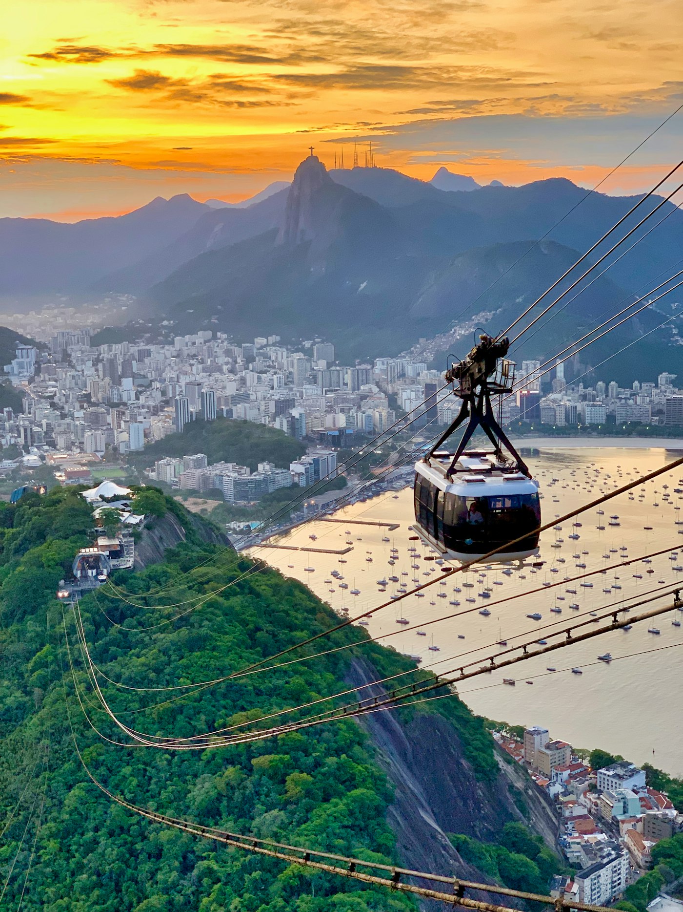 Cable car over Rio de Janeiro with Guanabara Bay and the city skyline